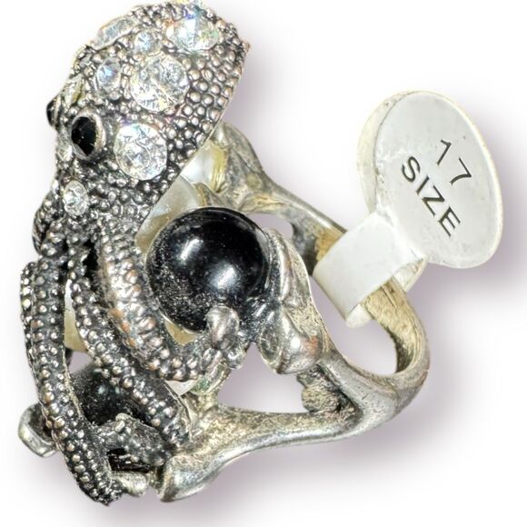 Silver Octopus Multi‎ Color Pearl Ring Vintage Size 17 Retro Rhinestone Gothcore - Picture 1 of 8